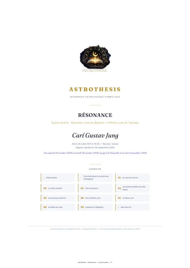 Aperçu de la couverture d'un rapport « Résonance — Cycle lunaire » Astrothesis, pour Carl Gustav Jung
